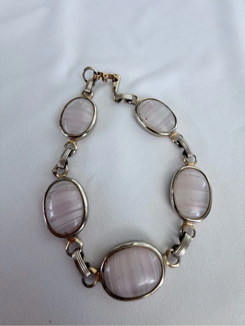Silver Pink Glass Cabochon Link Bracelet - Sarah Coventry